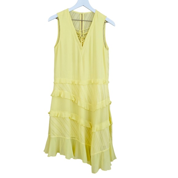 Three Floor Lemon Yellow Ruffle Chiffon Asymmetrical Flowy Sleeveless Dress Sz 2 - Picture 2 of 12